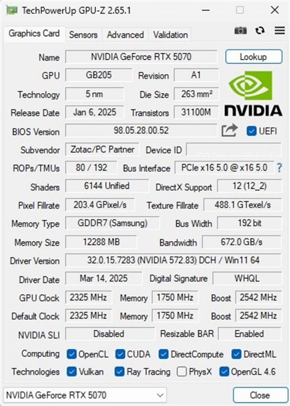 索泰(ZOTAC)GEFORCE RTX 5070 12GB XGAMING顯卡測試